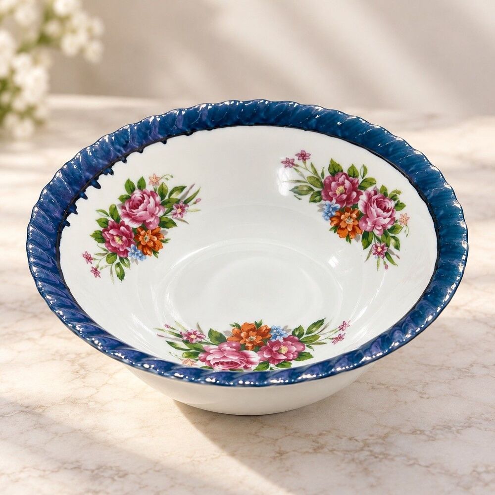 Vintage Japan Lusterware Bowl Blue Scalloped Rim Pink Rose Floral Porcelain